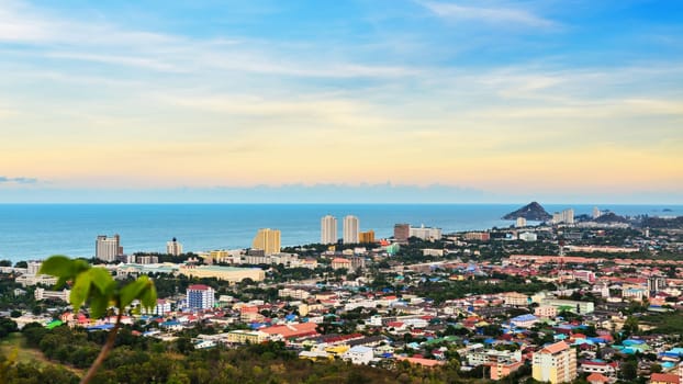 Hight angle view landscaped Hua Hin city in the evening, Beautiful scenery town seaside at Prachuap Khiri Khan Province of Thailand