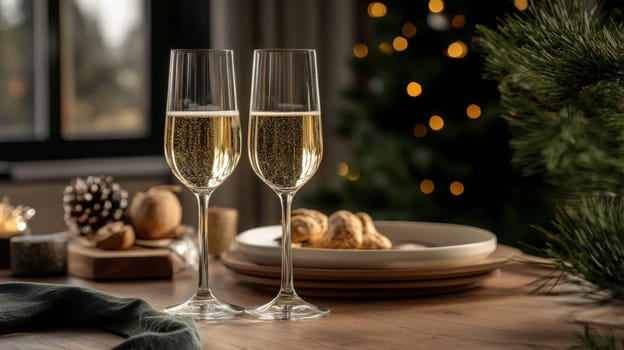glass of champagne on christmas festive table, Generative AI, holidays