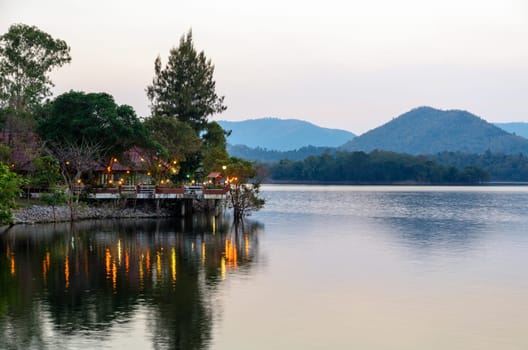 Waterfront restaurants at the evening in Kaeng Kra Chan National Park, Phetchaburi Province, Thailand