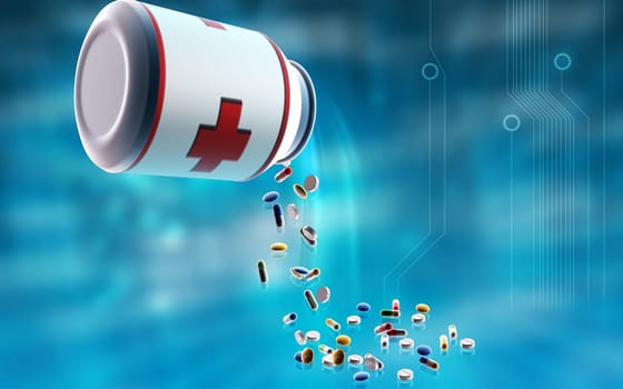 Digital illustration of capsule bottle in colour background