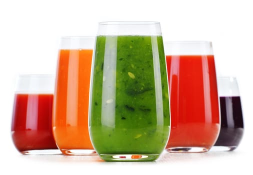 Glasses with fresh vegetable juices isolated on white. Detox diet.