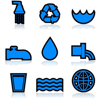 Icon set showing different elements normally associated with water