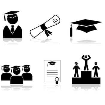 Icon set showing students graduating from school or university