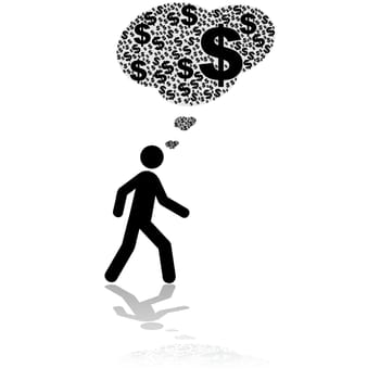 Concept illustration showing a person walking and thinking only about money