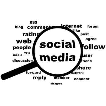 Concept illustration showing a word cloud and the expression Social Media highlighted inside a magnifying glass