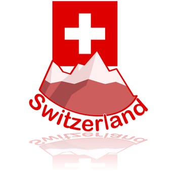 Icon illustration showing some mountains in front of the flag of Switzerland, with the name Switzerland under them