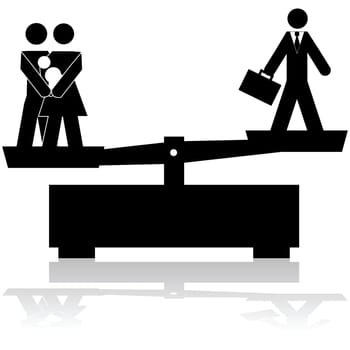 Concept illustration showing a scale trying to balance a family and a businessman