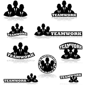 Icon set showing three business people together combined with different variations of the word teamwork