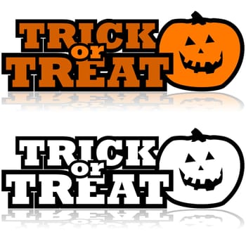 Cartoon illustration showing a carved pumpkin beside the words 'Trick or treat'
