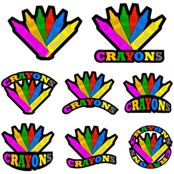 Icon set showing different colored crayons arranged with different variations of the word crayons