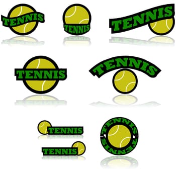 Icon set showing a tennis ball combined with different representations of the word tennis