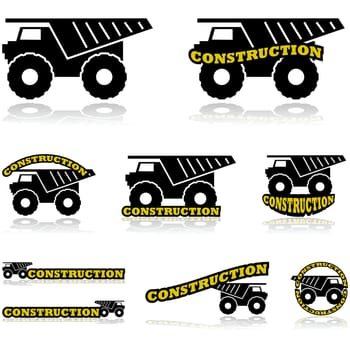 Icon set showing a construction truck combined with different variations of the word construction