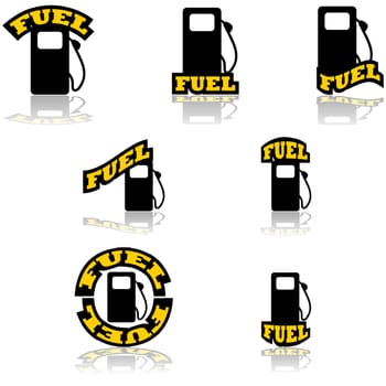 Icon set showing a fuel pump combined with different variations of the word fuel