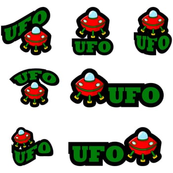 Icon set showing a cartoon alien ship combined with different representations of the word UFO