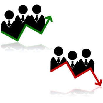 Concept illustration showing a team of businessmen paired with a graph going up and another going down