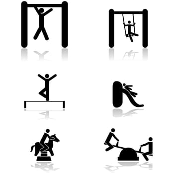 Icon set showing children playing in different toys of a playground