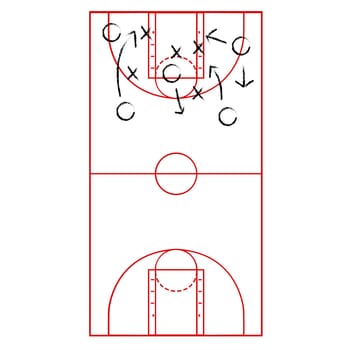 Cartoon illustration showing a basketball court drawn onto a flipboard with arrows representing a game plan
