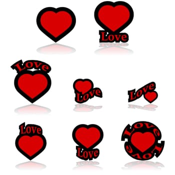 Icon set showing a red heart combined with different variations of the word love