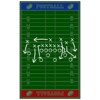 Concept illustration showing an American football field with a gameplan sketched over it