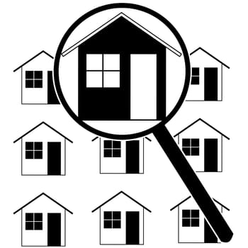Icon set showing a magnifying glass identifying a home among rows of houses