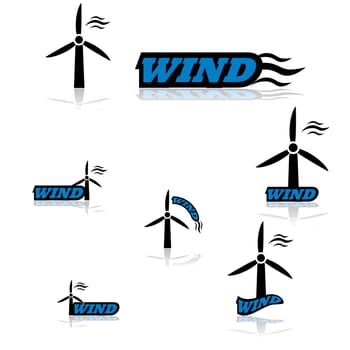 Icon set showing a wind turbine combined with different variations of the word wind