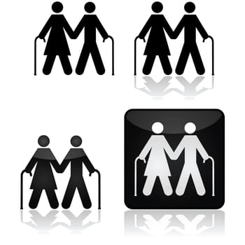 Concept illustration showing an older couple walking with canes
