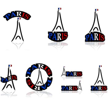 Icon set showing a free interpretation of the Eiffel tower combined with different variations of the word Paris
