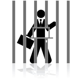 Concept illustration showing a businessman behind bars, in prison