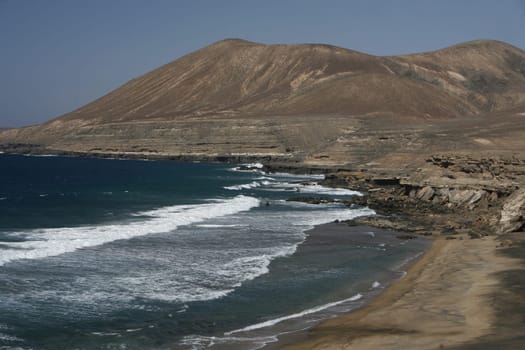 the Beach Playa de Garcey on the Island Fuerteventura on the Canary island of Spain in the Atlantic Ocean.