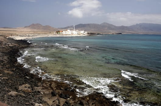 The Fishing Village of  Puertito de la Cruz on the coast in the Jandia Natural Parc on the south of the Island Fuerteventura on the Canary island of Spain in the Atlantic Ocean.