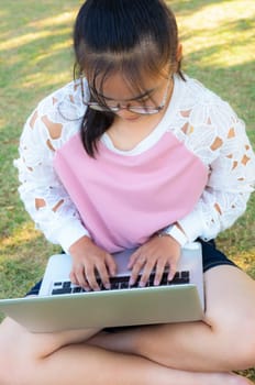 Girl working with laptop on grass in the park