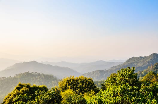 High angle view sky over mountain at sunset from Panoen Thung scenic point in Kaeng Krachan National Park Phetchaburi province Thailand