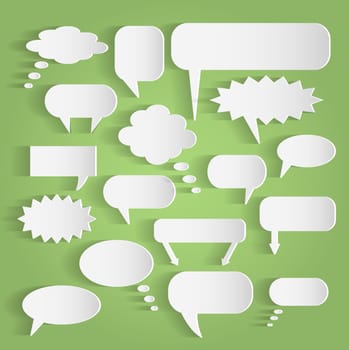Illustration of various paper chat bubbles against a colorful background.
