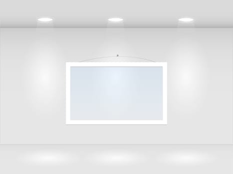 Illustration of a room with lights and hanging frame.