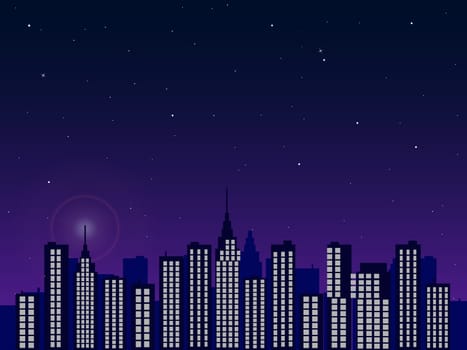 Illustration of a city skyline with a twilight sky background.
