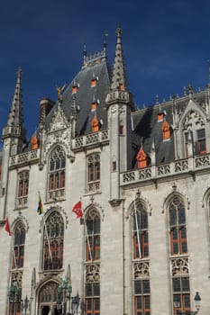 The Provinciaal Hof (Province Court) is a Neogothical building on the market place in Bruges (Belgium). Vertically.