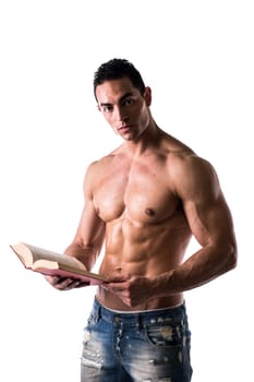 Shirtless Sexy Muscular Man Reading Big Book Isolated on White Background