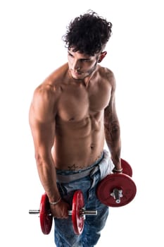 Handsome shirtless muscular young man holding dumbbells poses isolated on white