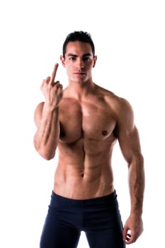 Male model holding up middle finger isolated on white background