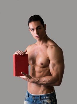 Topless Sexy Man Holding Red Book with Gray Background