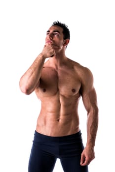 Wondering man with hand under his chin on white background