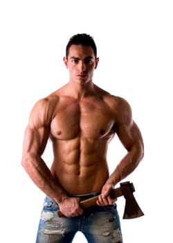 Shirtless male model with axe on white background