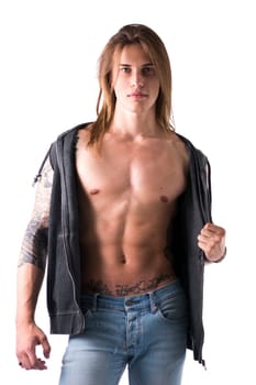 Sexy Long Hair Man with tattoo wearing Black Jacket, isolated on White