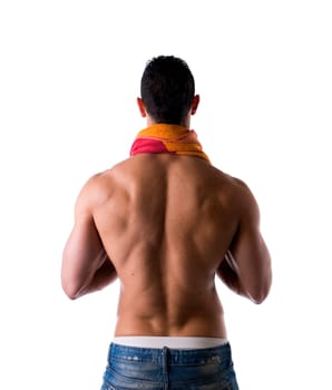 Hunk with towel around his neck back view on white background