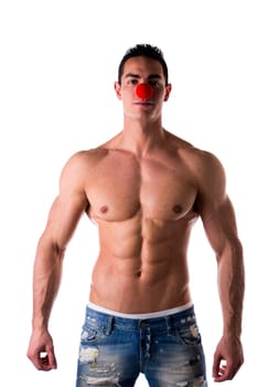 Small Red Ball on Sexy Shirtless Muscular Young Hot Man Nose. Isolated on White Background. Usually Red Ball on Nose are Used by Clowns.