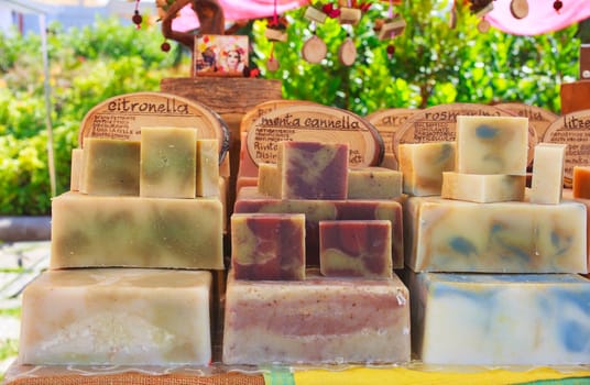 View of homemade soaps in the street market