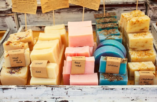 View of homemade soaps in the street market