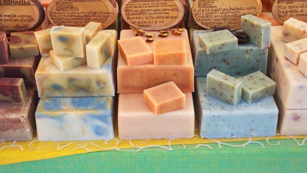 View of homemade soaps in the street market