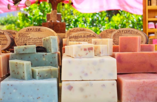 View of homemade soaps in the street market