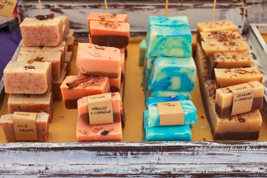 View of homemade soaps in the street market